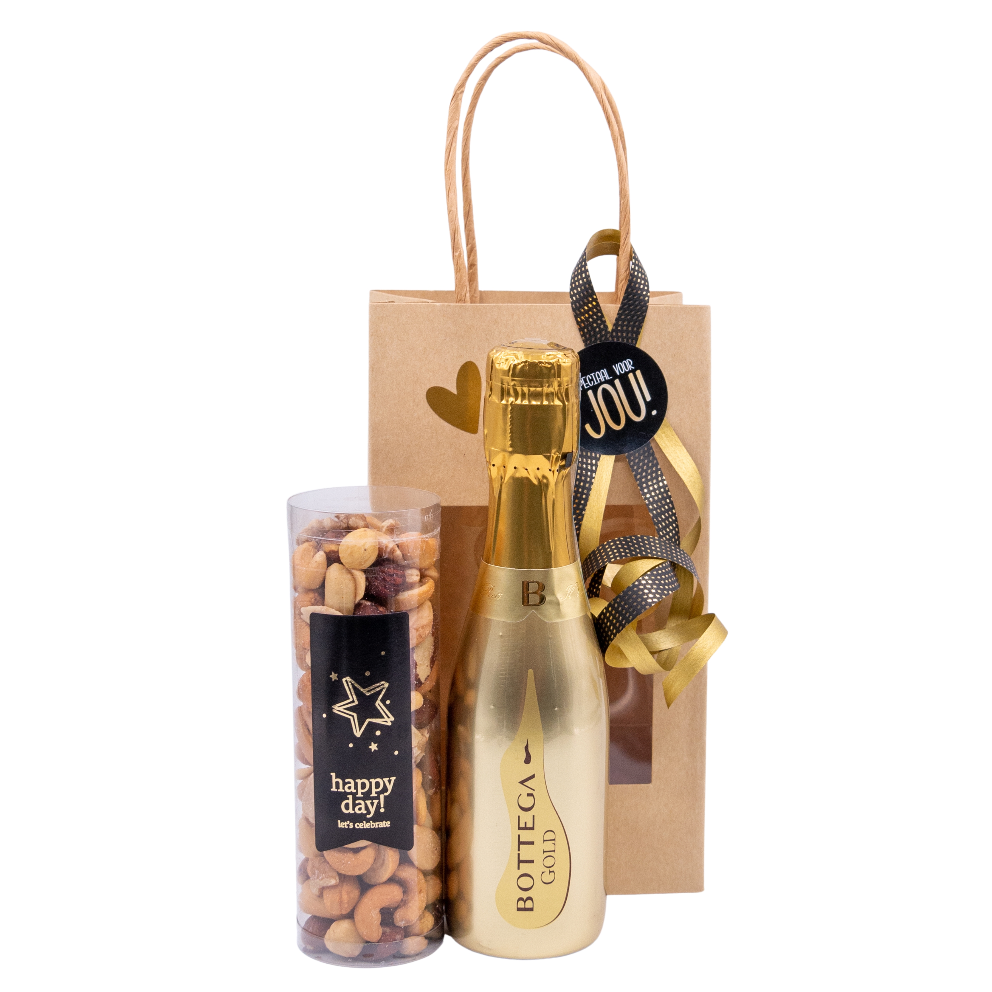 Cadeautasje klein met noten en Prosecco Cadeautasje klein met noten en Prosecco