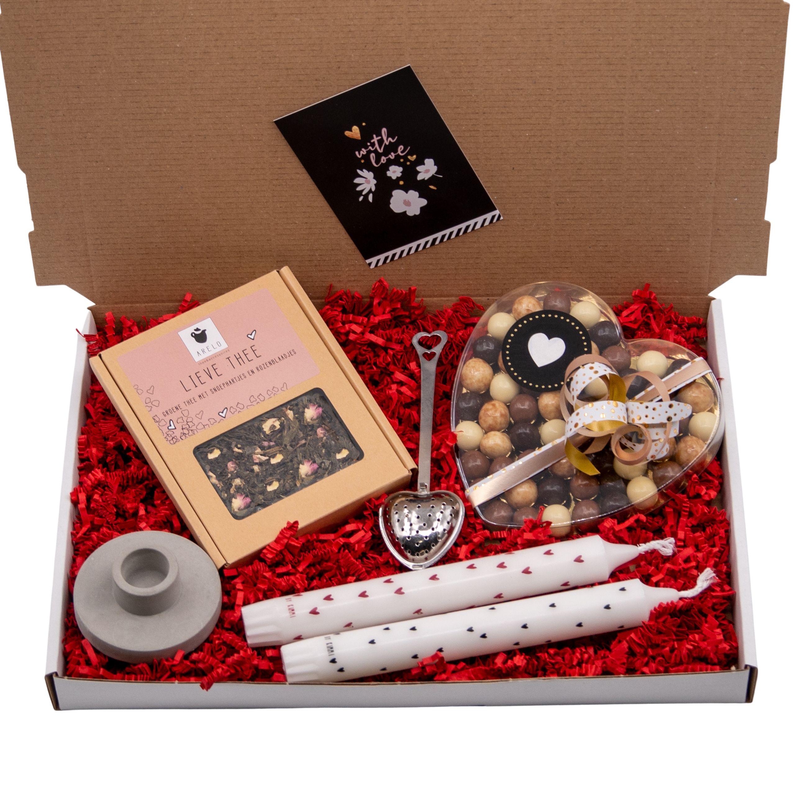 Brievenbuscadeau gefeliciteerd met thee, chocolade en kaarsen Brievenbuscadeau gefeliciteerd met thee, chocolade en kaarsen