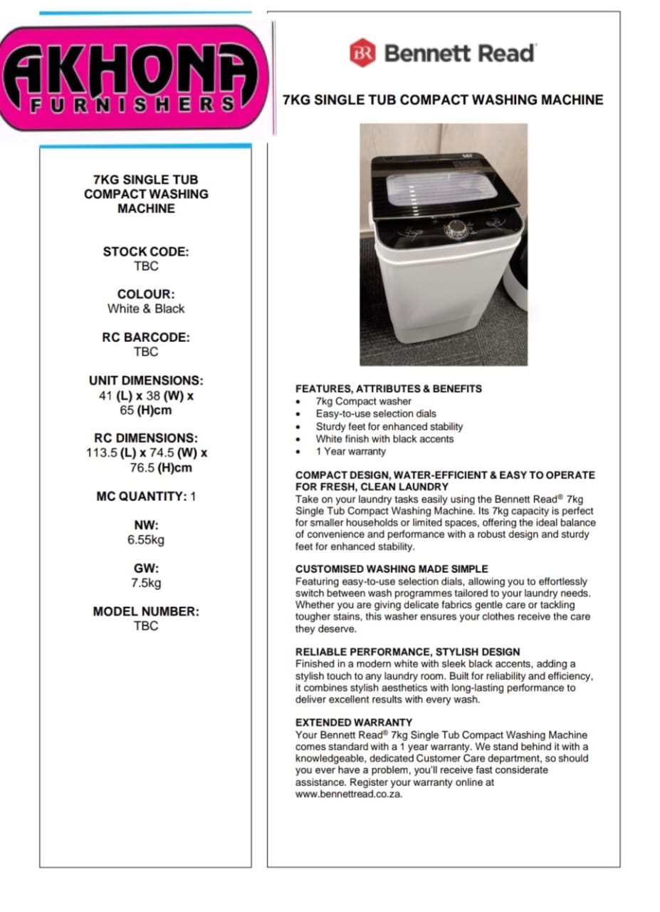 BENNETT READ 7KG SINGLE TUB WASHING MACHINE