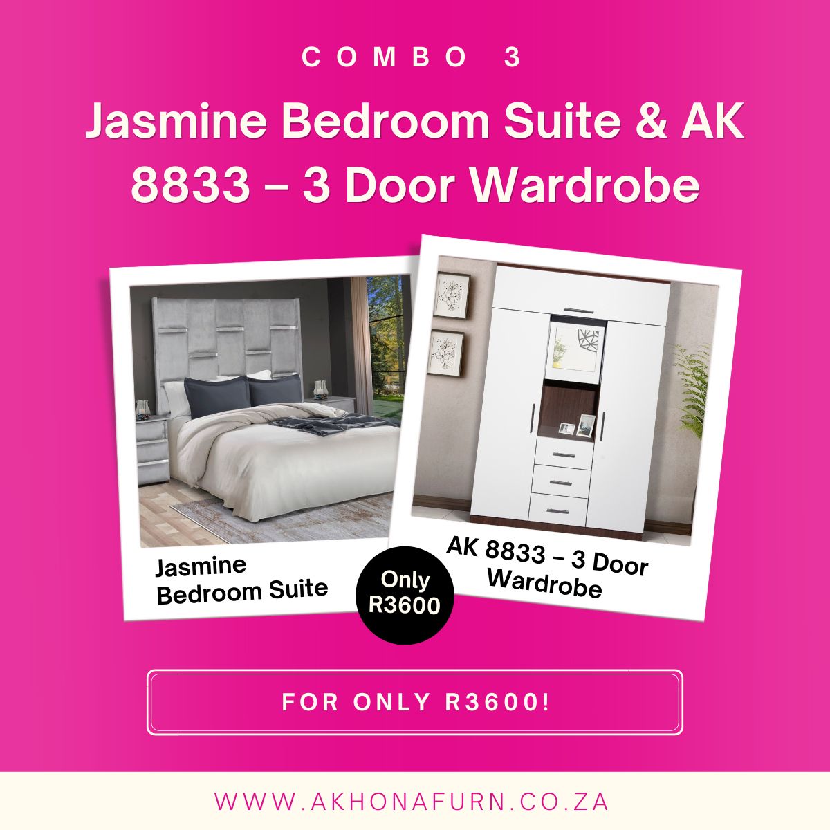 Combo 3 - Jasmine Bedroom Suite & AK 3-Door Wardrobe