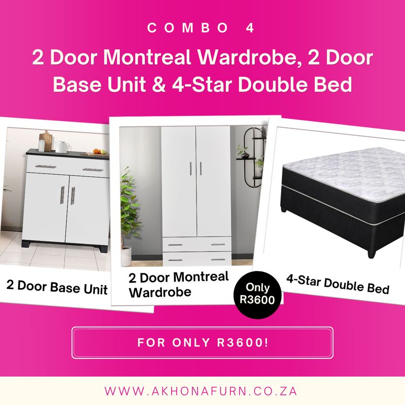 Combo 4 - Montreal 2-Door Wardrobe, 2-Door Special Base Unit & 4-Star Double Bed Combo 4 - Montreal 2-Door Wardrobe, 2-Door Special Base Unit & 4-Star Double Bed