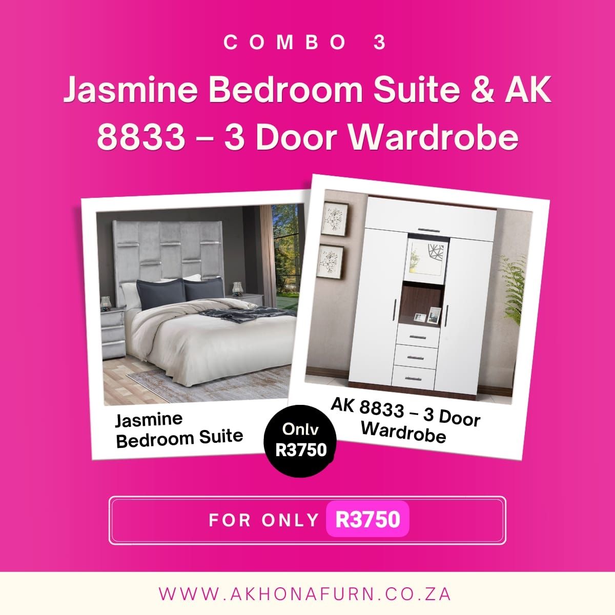 Combo 3 - Jasmine Bedroom Suite & AK 3-Door Wardrobe Combo 3 - Jasmine Bedroom Suite & AK 3-Door Wardrobe