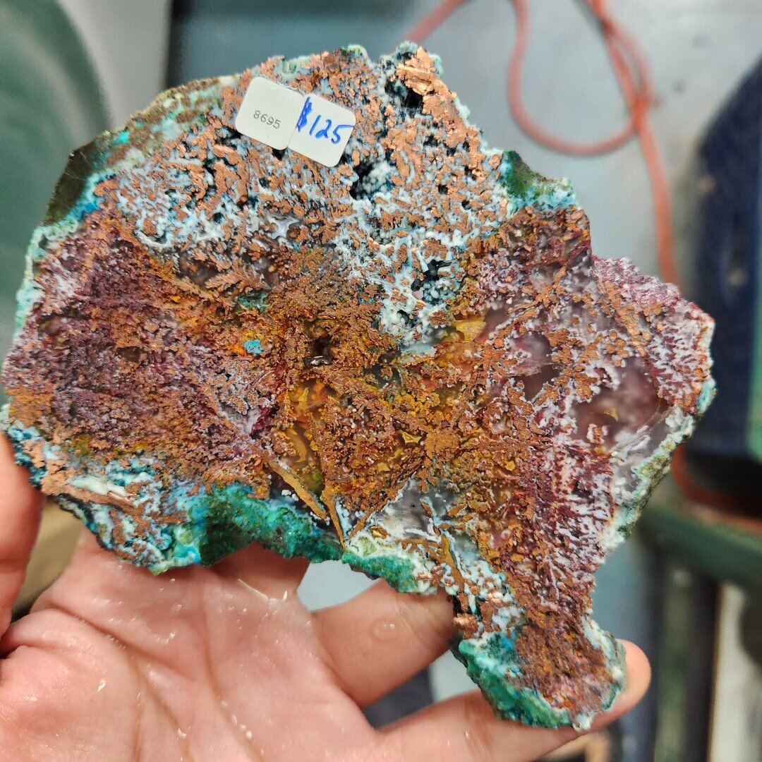 Indonesian Chrysocolla/Gem Silica/Native copper in Chalcedony Slab