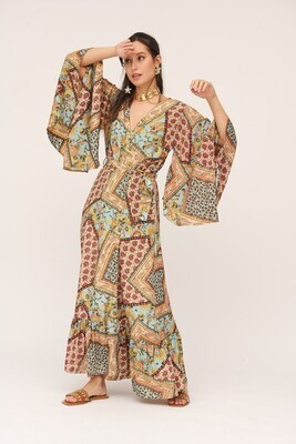 Wide sleeve printed kimono