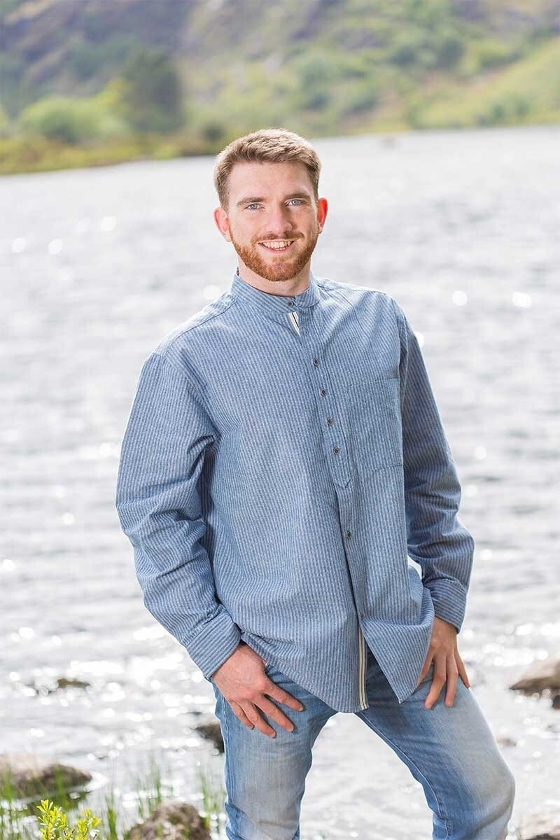 Men’s Grandfather Shirt 100% Cotton White Pin Stripe Blue Irish