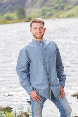 Men’s Grandfather Shirt 100% Cotton White Pin Stripe Blue Irish