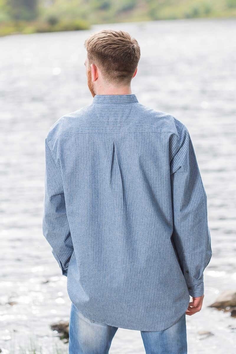 Men’s Grandfather Shirt 100% Cotton White Pin Stripe Blue Irish