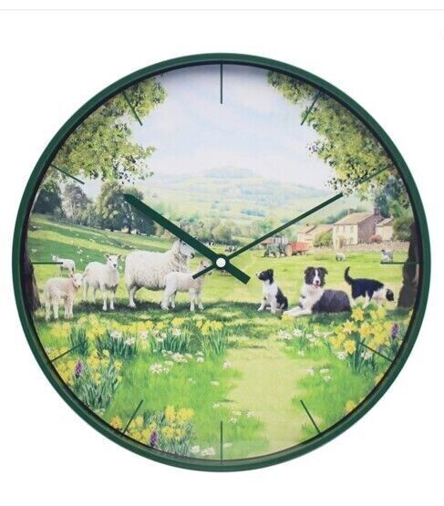 Collie and Sheep Clock Round Wall Battery Operated Animals