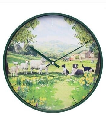 Collie and Sheep Clock Round Wall Battery Operated Animals