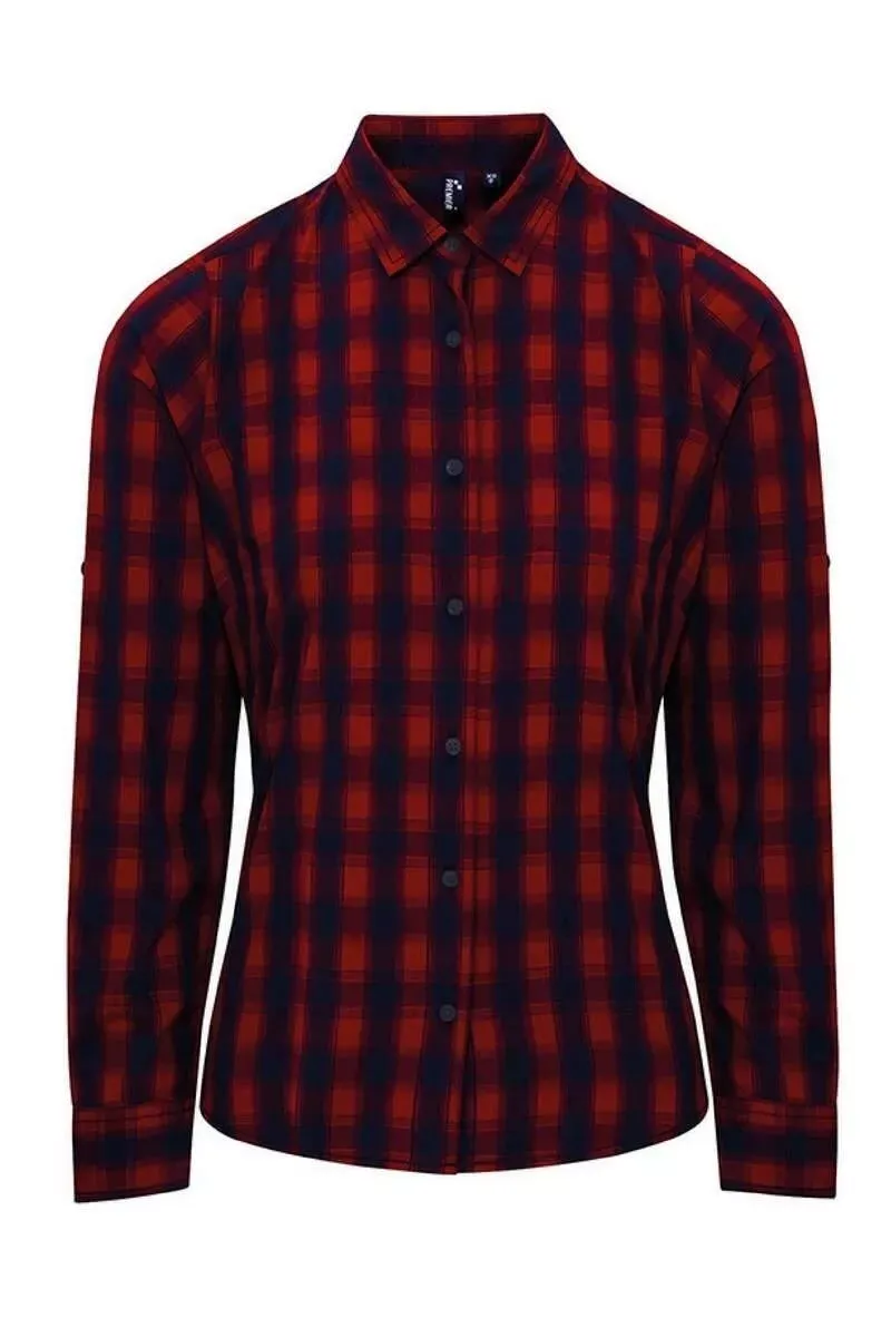 Women&#39;s Collared Shirt Red 100% Cotton Mulligan Check Long Sleeve Button