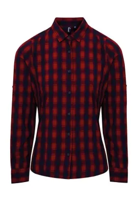 Women&#39;s Collared Shirt Red 100% Cotton Mulligan Check Long Sleeve Button