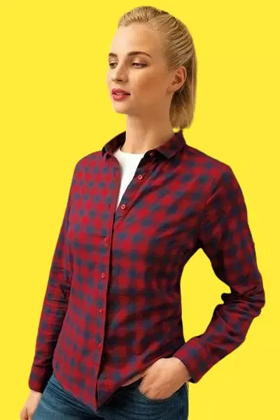 Women&#39;s Collared Shirt Red 100% Cotton Mulligan Check Long Sleeve Button