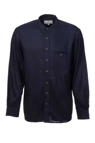 Men&#39;s Grandfather Shirt Navy Collarless 70% Cotton 30% Linen Irish Made