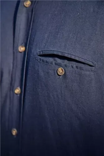 Men&#39;s Grandfather Shirt Navy Collarless 70% Cotton 30% Linen Irish Made