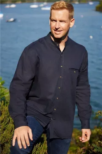 Men&#39;s Grandfather Shirt Navy Collarless 70% Cotton 30% Linen Irish Made