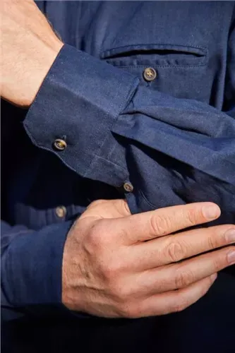 Men&#39;s Grandfather Shirt Navy Collarless 70% Cotton 30% Linen Irish Made
