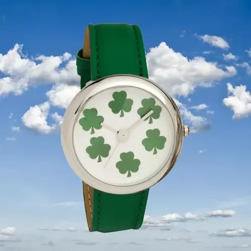 Ladies Shamrock Dial Wrist Watch With Green Pu Strap