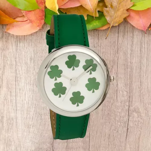 Ladies Shamrock Dial Wrist Watch With Green Pu Strap