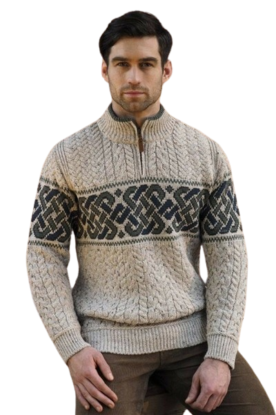 Men&#39;s Sweater Celtic Knot Half Zip Jacquard Oatmeal 100% Merino Wool Irish Gift