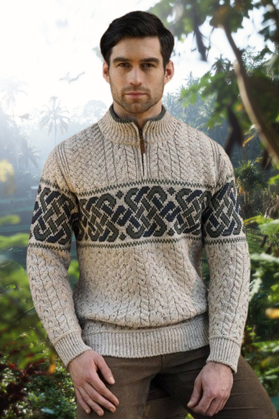 Men&#39;s Sweater Celtic Knot Half Zip Jacquard Oatmeal 100% Merino Wool Irish Gift