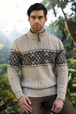 Men's Sweater Celtic Knot Half Zip Jacquard Oatmeal 100% Merino Wool Irish Gift