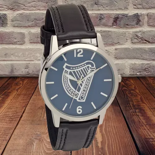 Harp Embossed Dial Wrist Watch With Black Strap - Low Nickel