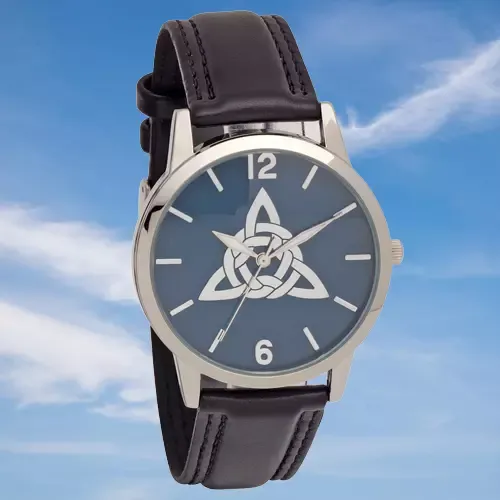 Mens Celtic Knot Embossed Dial Wrist Watch With Black Strap