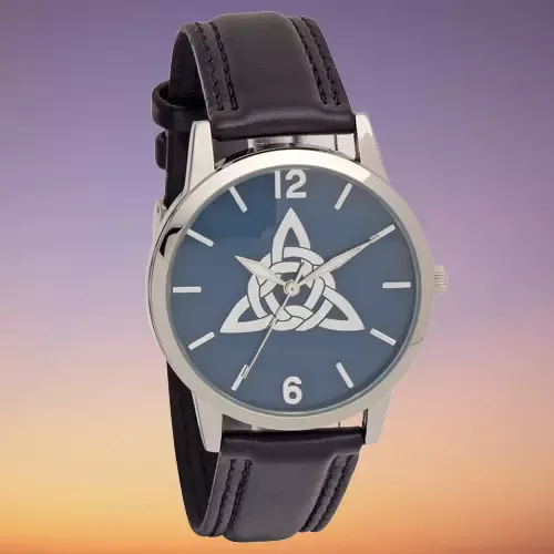 Mens Celtic Knot Embossed Dial Wrist Watch With Black Strap