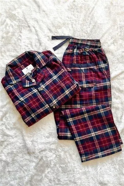 Women&#39;s Flannel Pyjamas 100% Cotton Long Sleeve Maroon Navy Check Ladies Gift