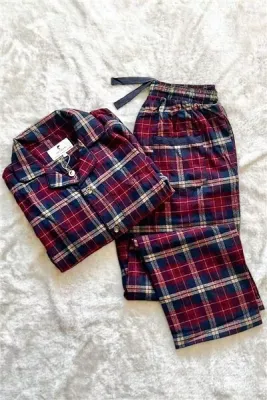 Women&#39;s Flannel Pyjamas 100% Cotton Long Sleeve Maroon Navy Check Ladies Gift