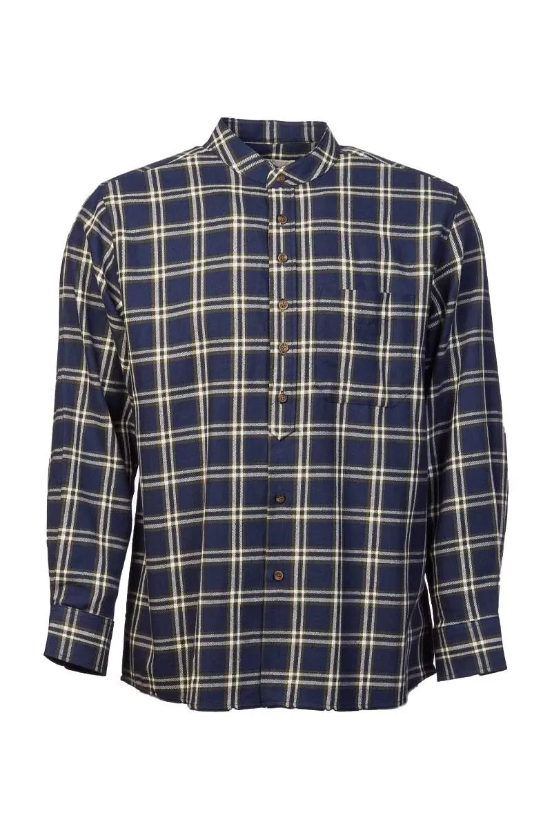 Men&#39;s Grandfather Shirt Vintage 100% Cotton Casual Green Navy Check Long Sleeve
