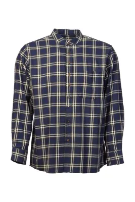 Men&#39;s Grandfather Shirt Vintage 100% Cotton Casual Green Navy Check Long Sleeve