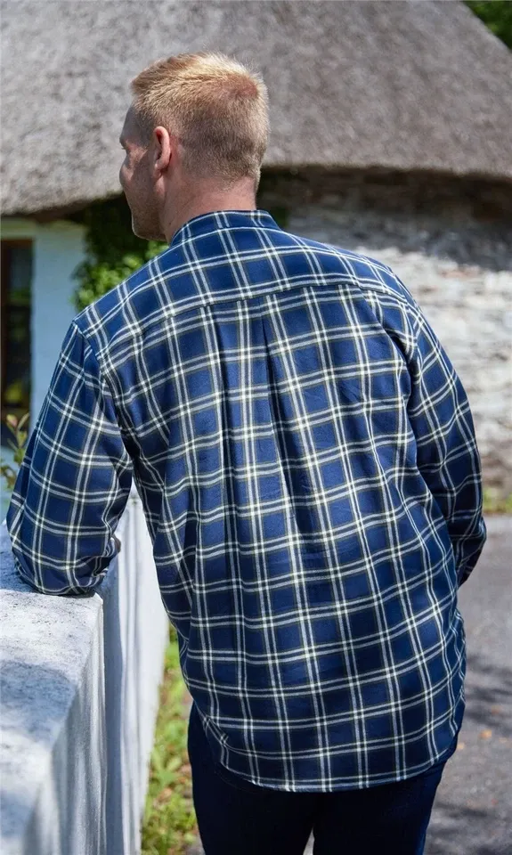 Men&#39;s Grandfather Shirt Vintage 100% Cotton Casual Green Navy Check Long Sleeve