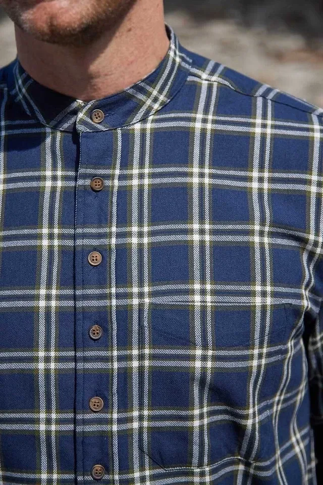 Men&#39;s Grandfather Shirt Vintage 100% Cotton Casual Green Navy Check Long Sleeve