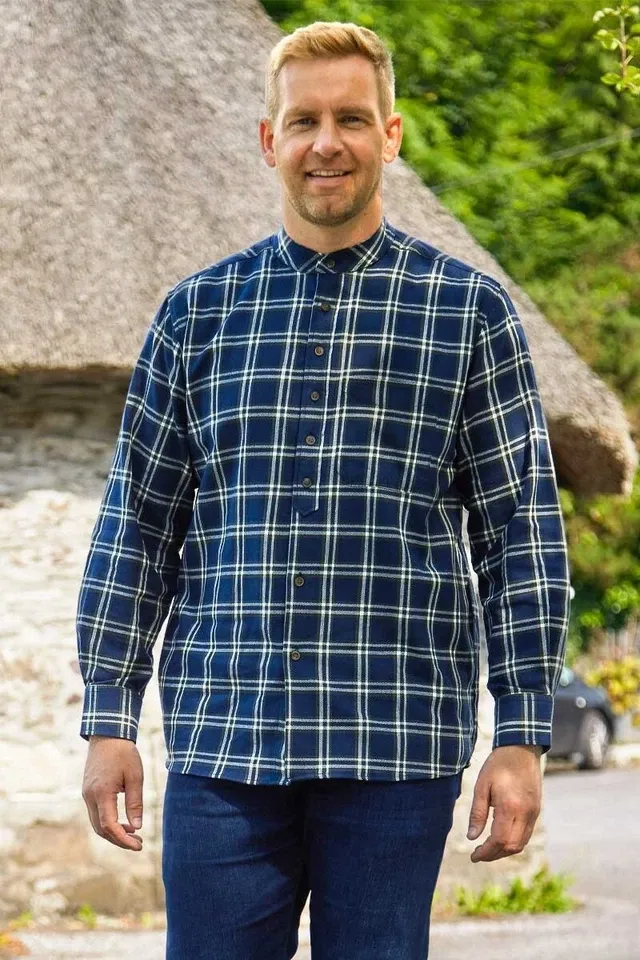 Men&#39;s Grandfather Shirt Vintage 100% Cotton Casual Green Navy Check Long Sleeve