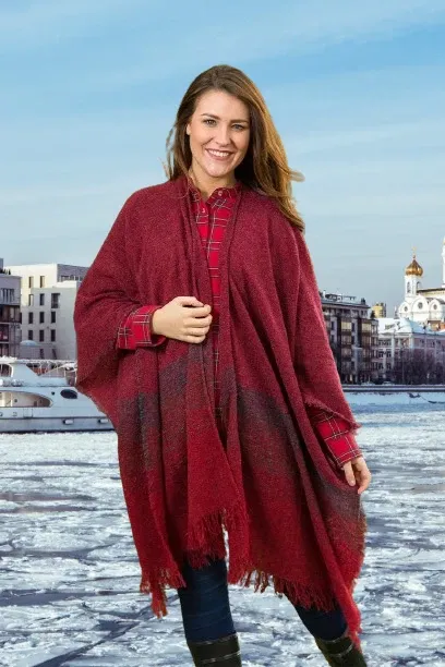 Women&#39;s Celtic Shawl Ruana Red 85% Lambswool 15% Nylon Irish Woven