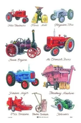Cotton Tea Towel of Farm Machinery tractors thrashing plows combine harvester