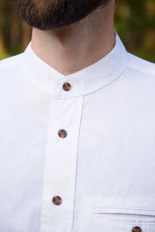 Men&#39;s Grandfather Shirt Bleach White Collarless