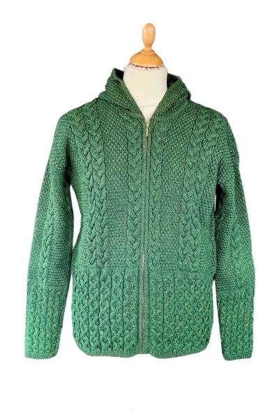Women&#39;s Hooded Kerry Aran Cardigan - Green Marl
