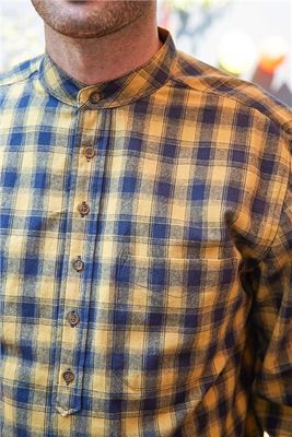 Vintage Cotton Grandfather Shirt - Yellow Navy Plaid Check