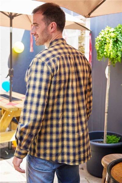 Vintage Cotton Grandfather Shirt - Yellow Navy Plaid Check