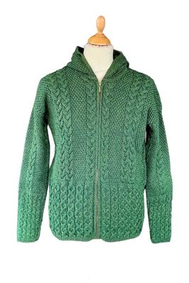Women's Hooded Kerry Aran Cardigan Green Marl