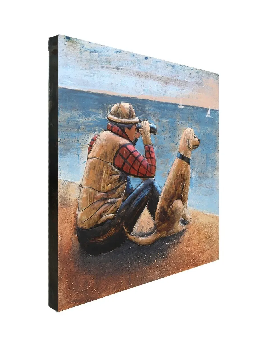 Metal Picture Wall Art 3D One Man and His Dog Sea Scene Size 80 x 80cm