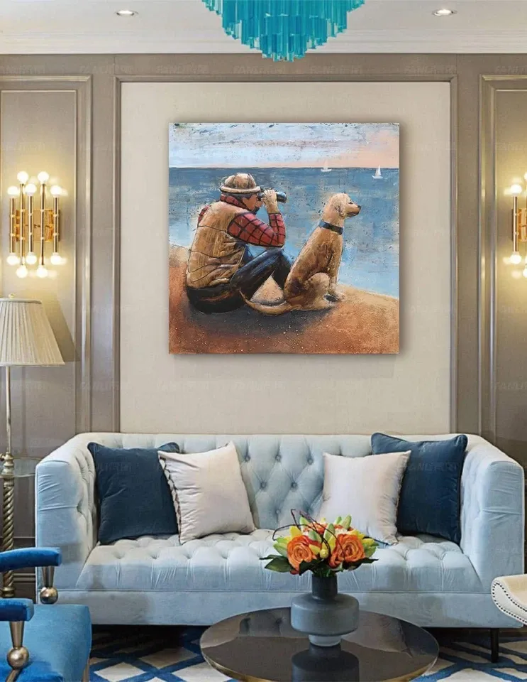 Metal Picture Wall Art 3D One Man and His Dog Sea Scene Size 80 x 80cm