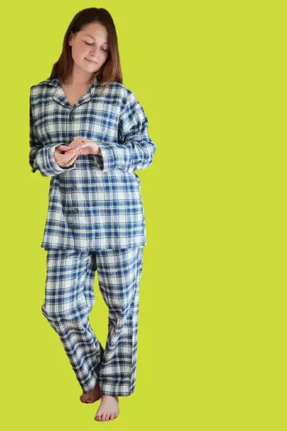 Women&#39;s Pyjamas Set 100% Cotton Flannel Long Sleeve Douglas Blue Tartan Irish