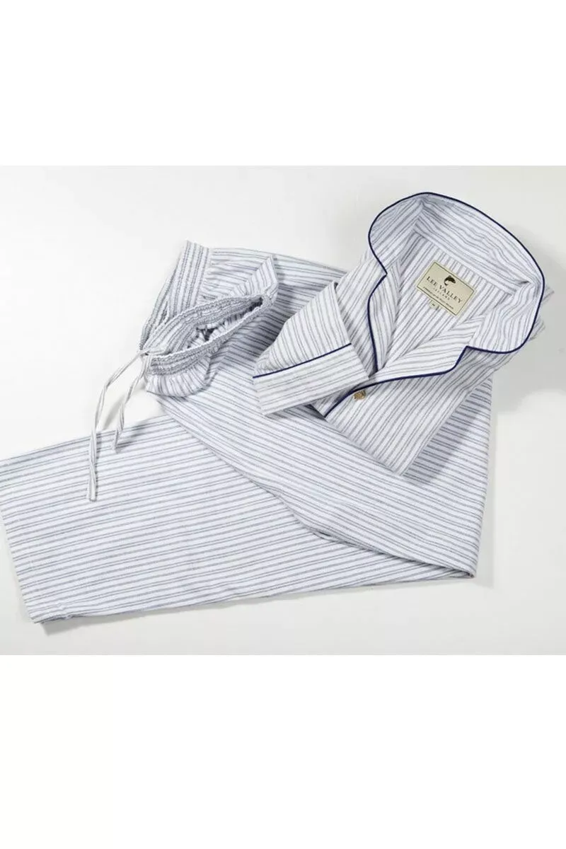 Women&#39;s Flannel Pyjamas Set 100% Cotton Long Sleeve Blue Ivory Stripe Irish Made
