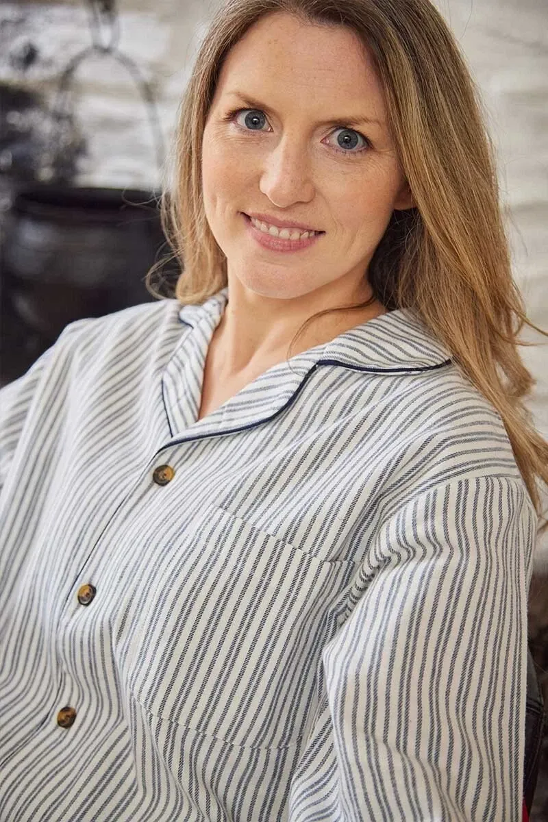 Women&#39;s Flannel Pyjamas Set 100% Cotton Long Sleeve Blue Ivory Stripe Irish Made