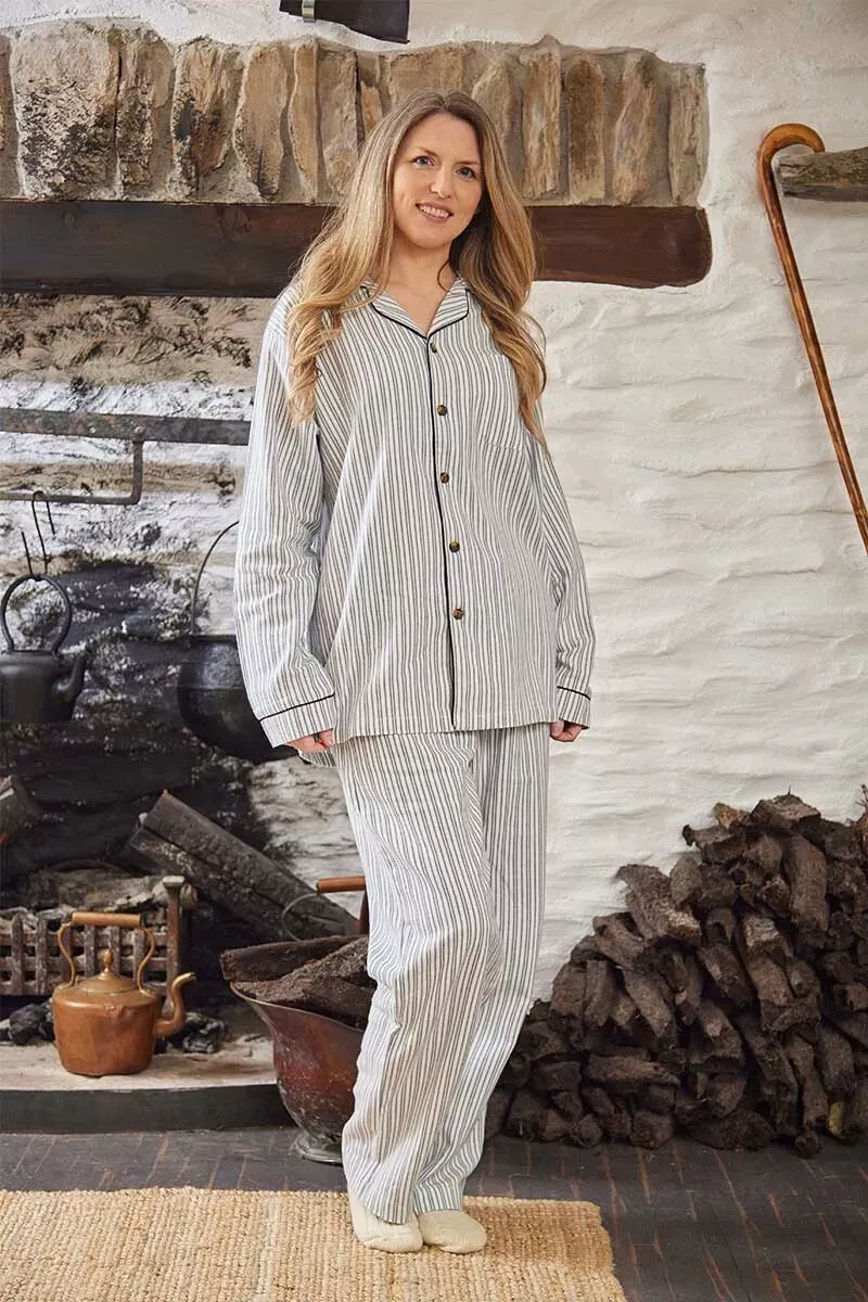 Women&#39;s Flannel Pyjamas Set 100% Cotton Long Sleeve Blue Ivory Stripe Irish Made