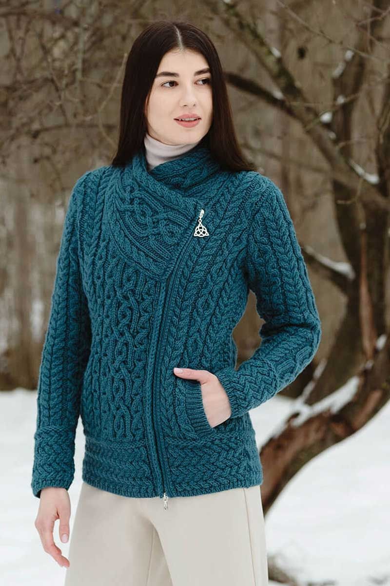 Women's Aran Cable Side Zip Cardigan  Teal