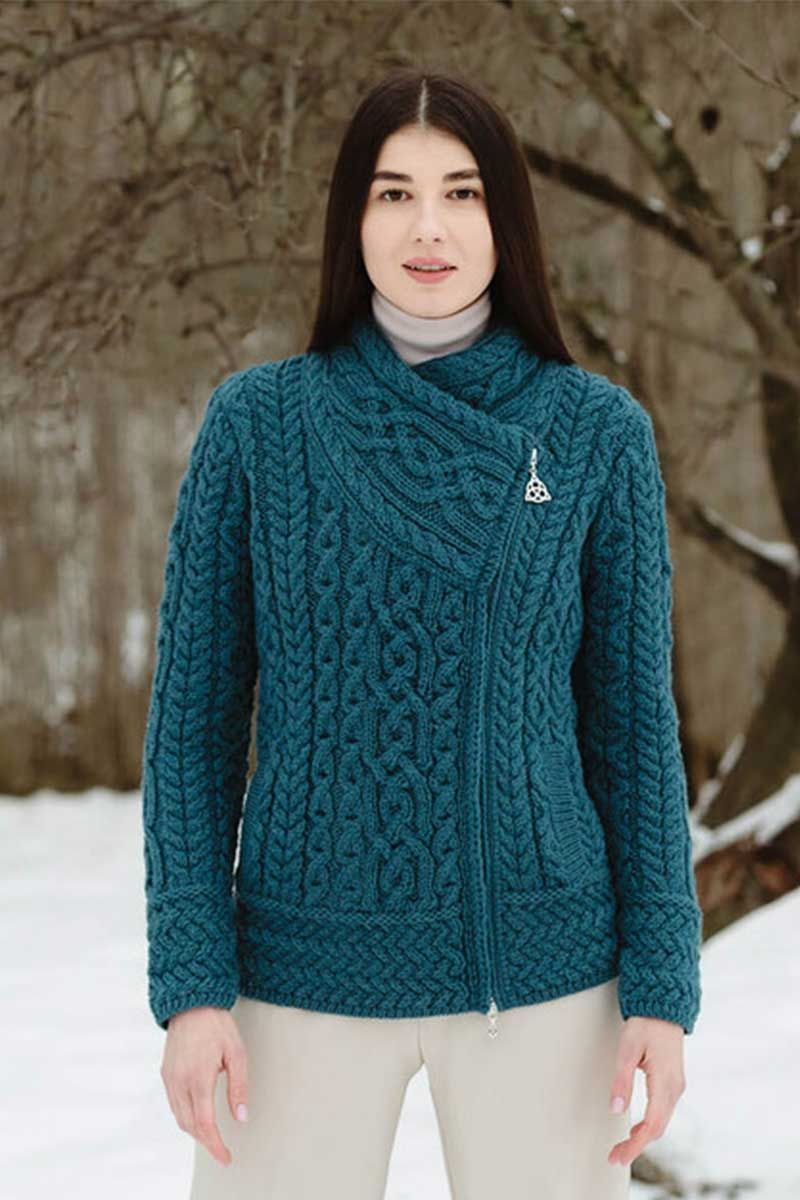 Women's Aran Cable Side Zip Cardigan  Teal